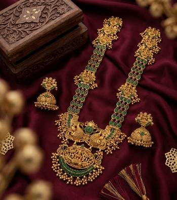 Stunning gold-plated temple jewelry set with emeralds | traditional haram & jhumkas | bridal & festival wear 2