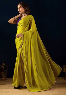 Olive ikat satin festive ethnic saree with boluse 3