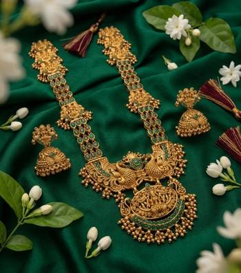 Stunning gold-plated temple jewelry set with emeralds | traditional haram & jhumkas | bridal & festival wear 3