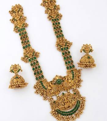 Stunning gold-plated temple jewelry set with emeralds | traditional haram & jhumkas | bridal & festival wear 4