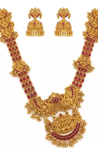 Stunning gold-plated temple jewelry set | traditional haram & jhumkas | bridal & festival wear
