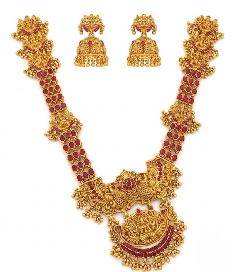 Stunning gold-plated temple jewelry set | traditional haram & jhumkas | bridal & festival wear