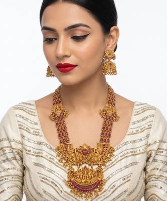 Stunning gold-plated temple jewelry set | traditional haram & jhumkas | bridal & festival wear 2