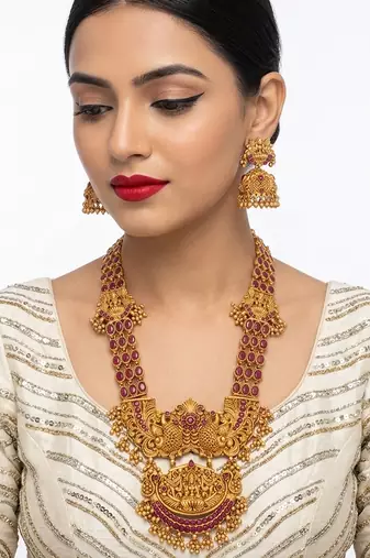 Stunning gold-plated temple jewelry set | traditional haram & jhumkas | bridal & festival wear