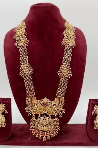 Stunning gold-plated temple jewelry set | traditional haram & jhumkas | bridal & festival wear