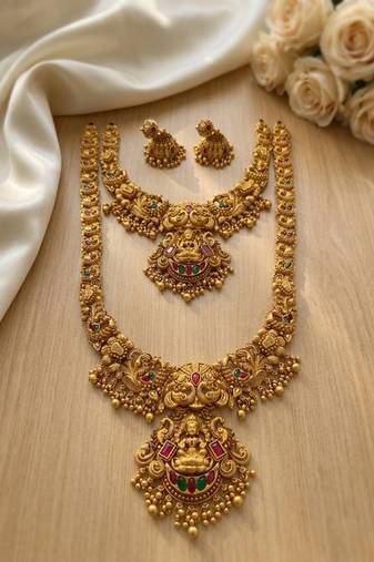 Handcrafted lakshmi temple jewellery set - traditional gold-plated long & short Necklace :: with jhumkas