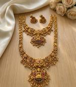 Handcrafted lakshmi temple jewellery set - traditional gold-plated long & short Necklace :: with jhumkas