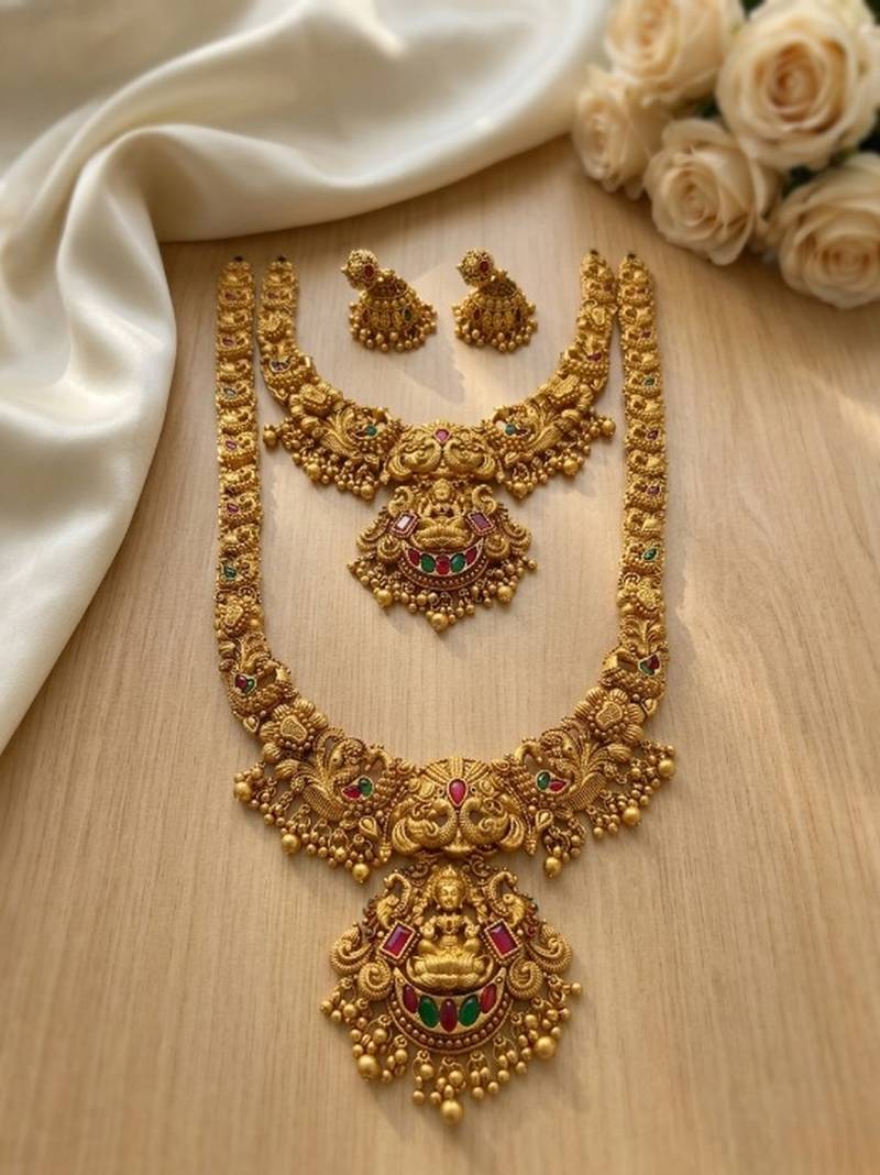 Handcrafted lakshmi temple jewellery set - traditional gold-plated long & short Necklace :: with jhumkas