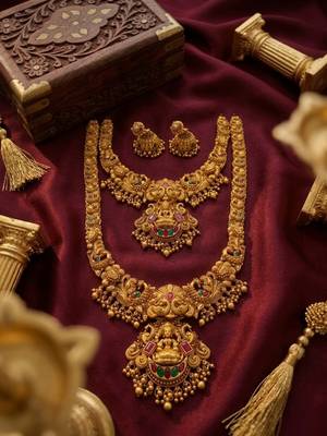 Handcrafted lakshmi temple jewellery set - traditional gold-plated long & short Necklace :: with jhumkas 2