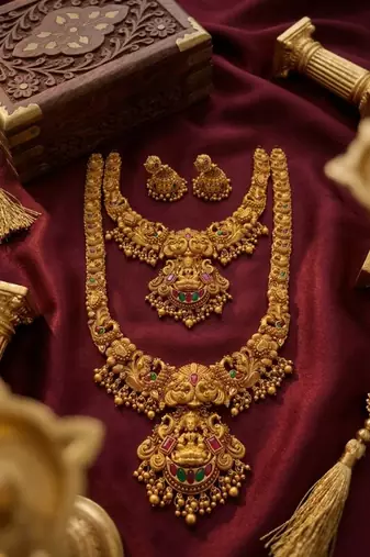 Handcrafted lakshmi temple jewellery set - traditional gold-plated long & short Necklace :: with jhumkas