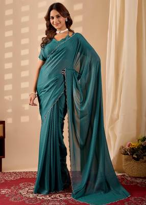 Blue geomatric print silk festive ethnic saree with blouse 1