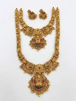 Handcrafted lakshmi temple jewellery set - traditional gold-plated long & short Necklace :: with jhumkas 3