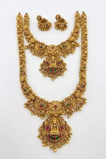 Handcrafted lakshmi temple jewellery set - traditional gold-plated long & short Necklace :: with jhumkas