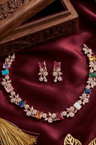Multi-color gemstone floral Necklace :: set - handcrafted 18k rose gold plated jewellery for weddings & parties