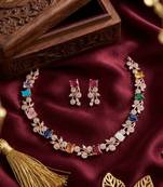 Multi-color gemstone floral Necklace :: set - handcrafted 18k rose gold plated jewellery for weddings & parties