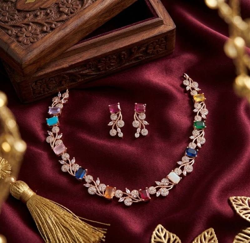 Multi-color gemstone floral Necklace :: set - handcrafted 18k rose gold plated jewellery for weddings & parties