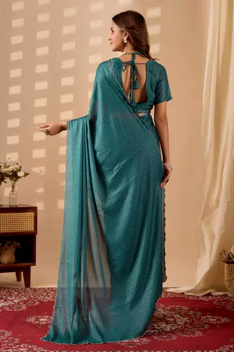Blue geomatric print silk festive ethnic saree with blouse