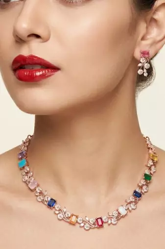Multi-color gemstone floral Necklace :: set - handcrafted 18k rose gold plated jewellery for weddings & parties