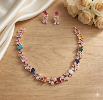 Multi-color gemstone floral Necklace :: set - handcrafted 18k rose gold plated jewellery for weddings & parties 3