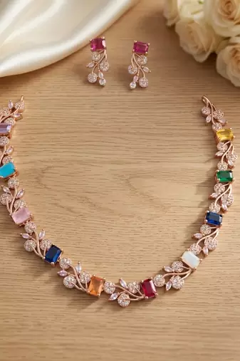 Multi-color gemstone floral Necklace :: set - handcrafted 18k rose gold plated jewellery for weddings & parties