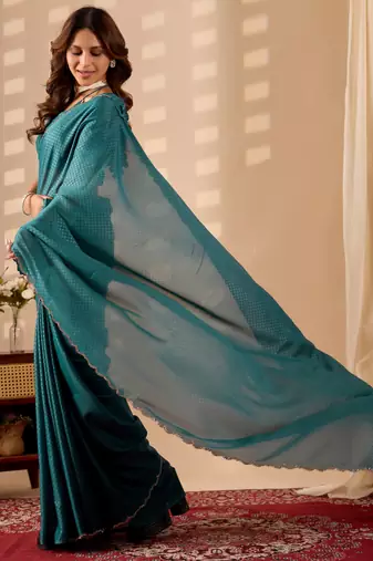 Blue geomatric print silk festive ethnic saree with blouse