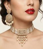 Traditional gold-plated pearl choker Necklace :: set with earrings & mangtika     elegant ethnic bridal jewellery