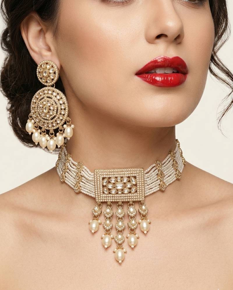 Traditional gold-plated pearl choker Necklace :: set with earrings & mangtika     elegant ethnic bridal jewellery