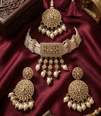 Traditional gold-plated pearl choker Necklace :: set with earrings & mangtika     elegant ethnic bridal jewellery 2