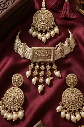 Traditional gold-plated pearl choker Necklace :: set with earrings & mangtika     elegant ethnic bridal jewellery