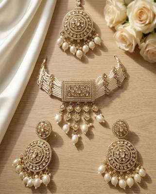 Traditional gold-plated pearl choker Necklace :: set with earrings & mangtika     elegant ethnic bridal jewellery 3