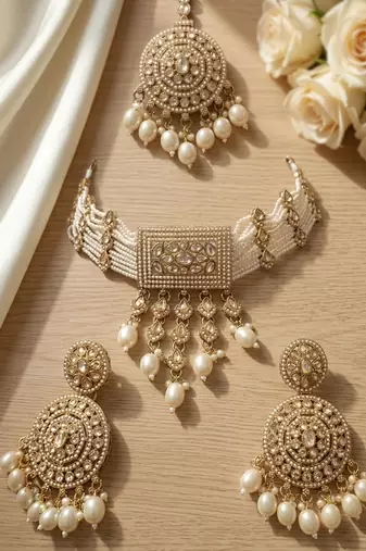 Traditional gold-plated pearl choker Necklace :: set with earrings & mangtika     elegant ethnic bridal jewellery