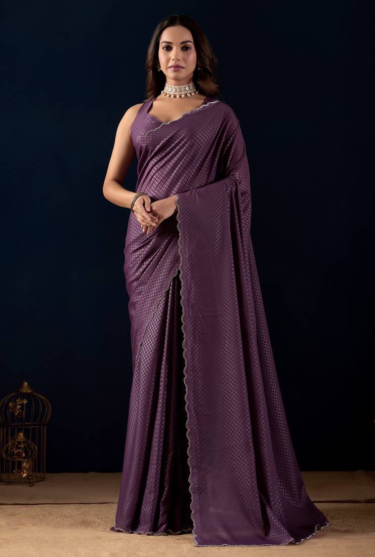 Purple geomatric print silk festive ethnic saree with blouse