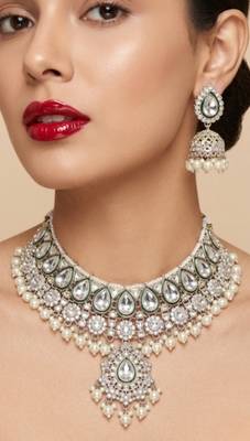 Kundan & pearl gold-plated choker Necklace :: with jhumka earrings and maang tikka for women 1