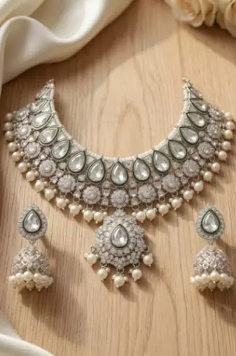 Kundan & pearl gold-plated choker Necklace :: with jhumka earrings and maang tikka for women
