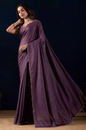 Purple geomatric print silk festive ethnic saree with blouse