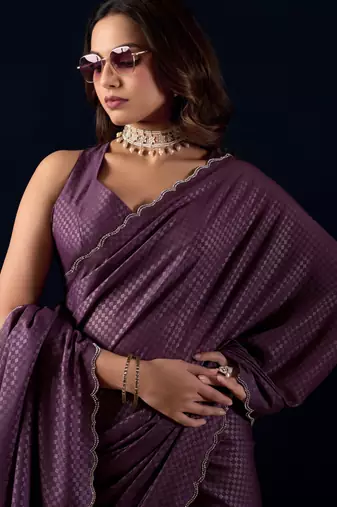 Purple geomatric print silk festive ethnic saree with blouse