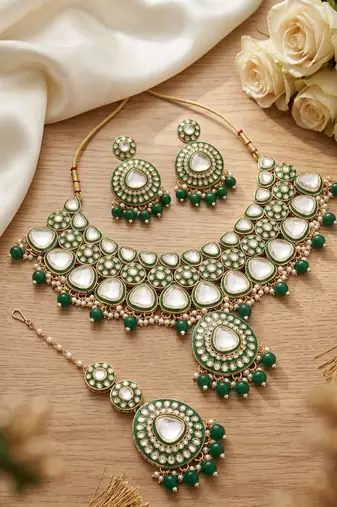 Handcrafted kundan choker Necklace :: set | gold plated | emerald green | wedding & festival jewelry