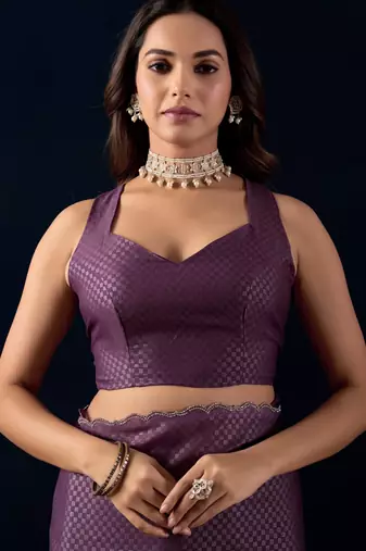 Purple geomatric print silk festive ethnic saree with blouse