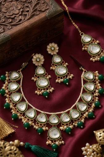 Undan gold-plated emerald green pearl choker Necklace :: set | indian ethnic bridal wedding jewellery | handcrafted