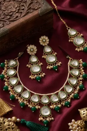 Undan gold-plated emerald green pearl choker Necklace :: set | indian ethnic bridal wedding jewellery | handcrafted