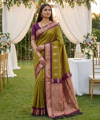 Olive green soft silk blend saree with zari weaving meenakari design 1