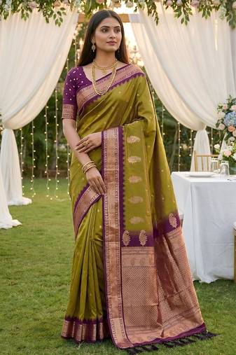 Olive green soft silk blend saree with zari weaving meenakari design