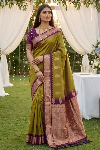 Olive green soft silk blend saree with zari weaving meenakari design