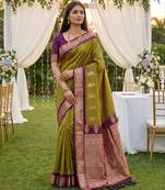 Olive green soft silk blend saree with zari weaving meenakari design