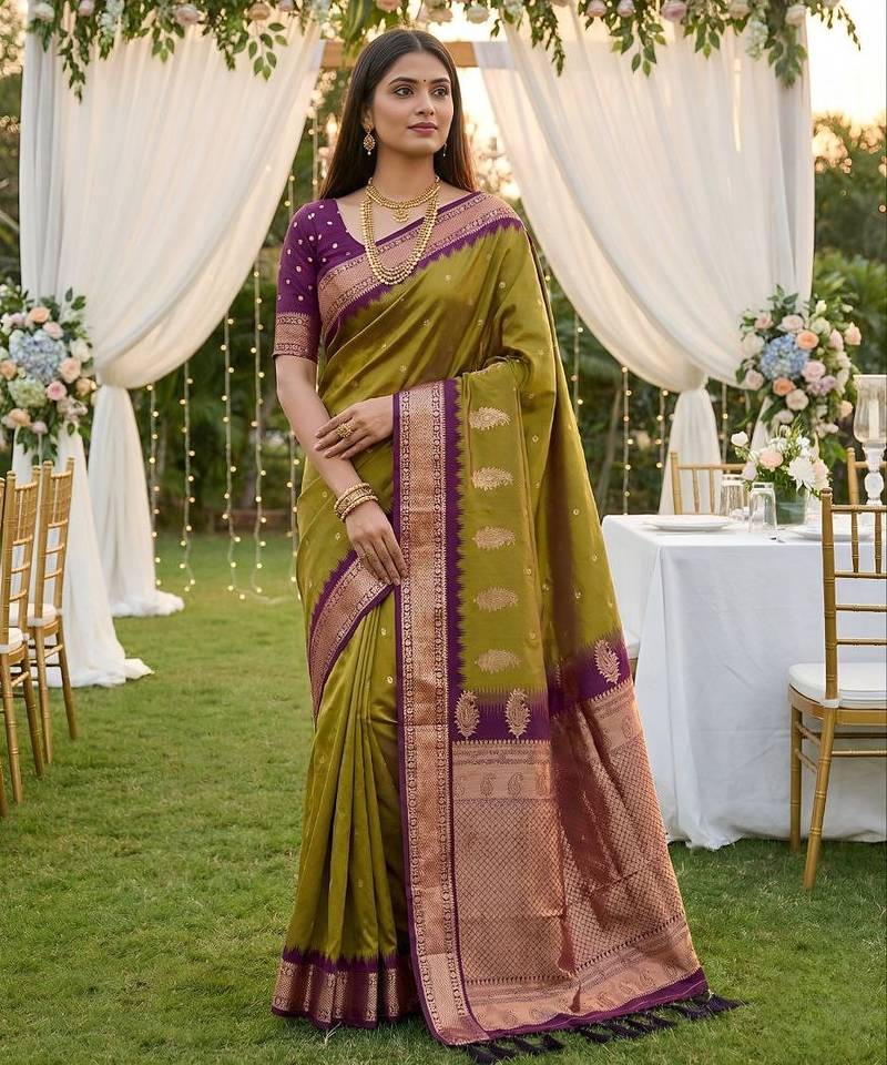 Olive green soft silk blend saree with zari weaving meenakari design