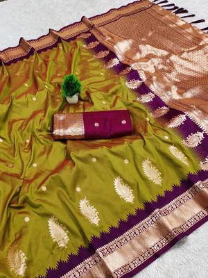 Olive green soft silk blend saree with zari weaving meenakari design 2