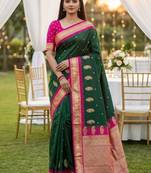 Green soft silk blend saree with zari weaving meenakari design