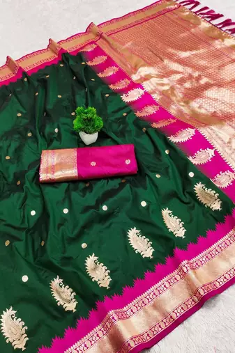Green soft silk blend saree with zari weaving meenakari design