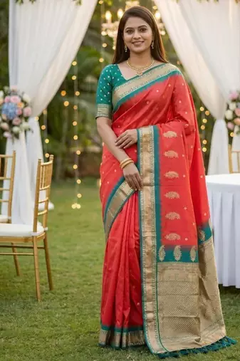 Peach soft silk blend saree with zari weaving meenakari design