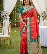 Peach soft silk blend saree with zari weaving meenakari design